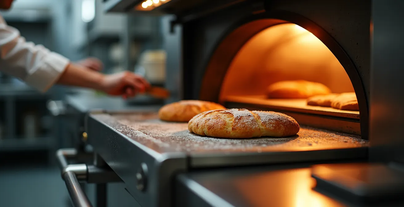 Four professionnel moderne en fonctionnement dans une boulangerie avec éclairage cinématographique et flou artistique en arrière-plan