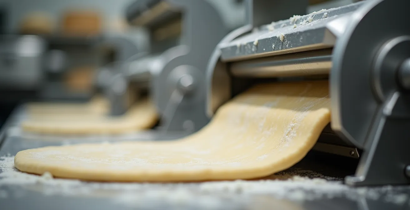 Laminoir pâtissier et façonneuse en fonctionnement dans une boulangerie professionnelle avec un éclairage naturel doux